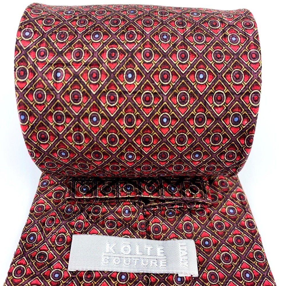 KOLTE Couture Red Plaid Circles Dots Geometric 100% Silk Necktie Hand Made Italy